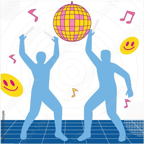 Rave Aesthetic Illustration. Vector illustration of Two dancing silhouettes under a disco ball with music notes and smiley icons, energetic rave party scene. Isolated on background