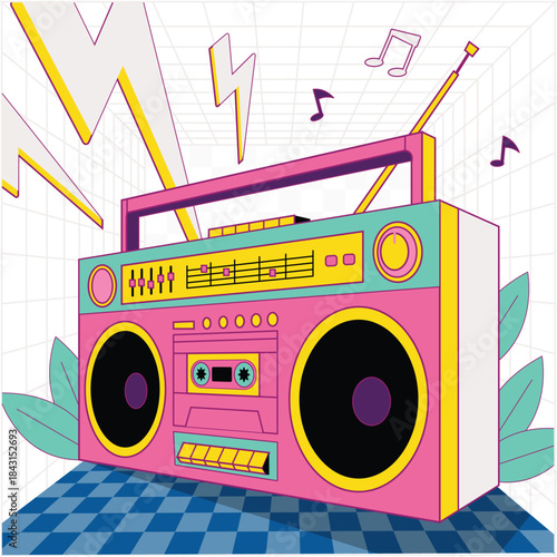 Rave Aesthetic Illustration. Vector illustration of Bright retro boombox with speakers and cassette deck in neon colors, music notes and lightning for 80s party vibe. Isolated on background