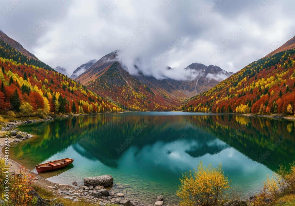 Fototapeta premium Vibrant autumn colors adorn mountains surrounding a serene emerald lake under a cloudy sky