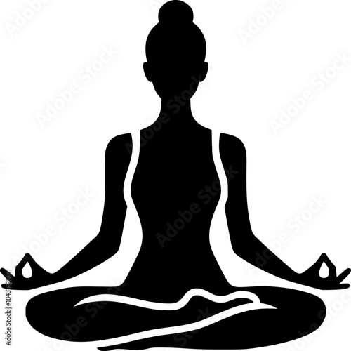 Serene Yoga Silhouette: A graceful silhouette of a woman in a cross-legged position, embodying peace and tranquility through the practice of yoga.