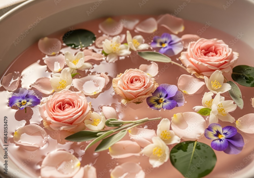 Fototapeta premium Enchanting rosewater bath with delicate pink roses, jasmine, and pansy blossoms