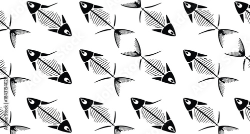 Repeating Pattern of Black Fish Skeletons on a White Background bones dead