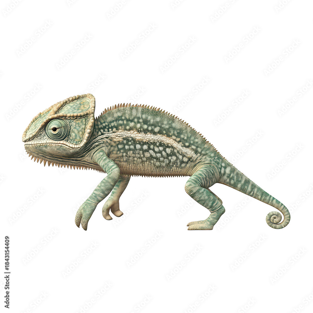 Obraz premium A chameleon in a dynamic pose. its unique color patterns and textures. set against a clean white background. ideal for educational and wildlife-related content