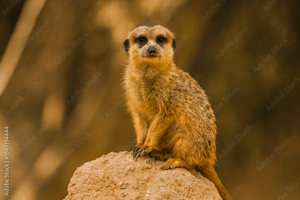 Fototapeta premium Attentive Meerkat Perched: A curious meerkat sits perched atop a rock, eyes fixed forward with unwavering focus and alertness. This image conveys a sense of vigilance and keen observation.