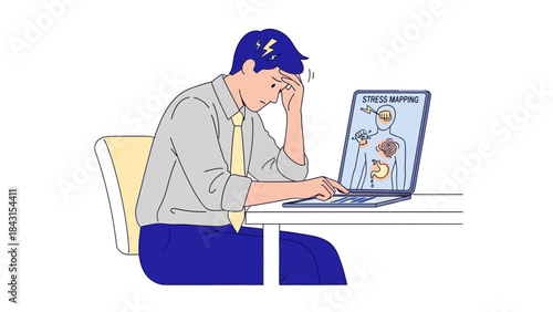Illustration of a stressed man using laptop to see the stress mapping concept details