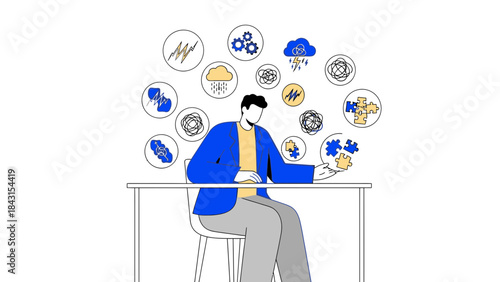 Illustration of a man solving problems and managing his different mental states