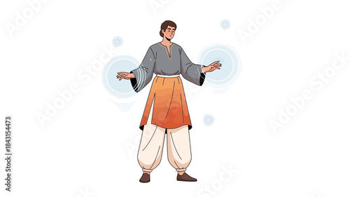 Illustration of a man in traditional clothing gesturing with open arms, isolated on white
