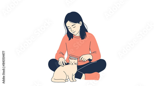 Illustration of a girl brushing her cat, a moment of peaceful animal care and love