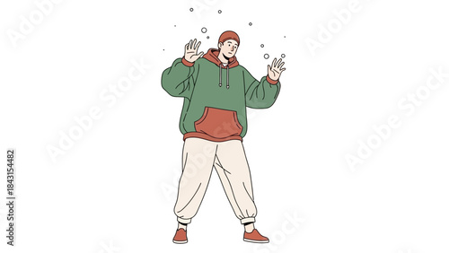 Illustration of a person with hands up observing bubbles in a minimalist style