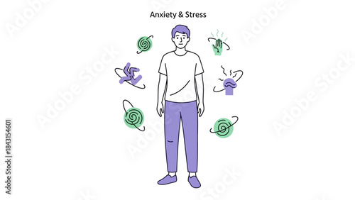 Conceptual illustration depicting anxiety and stress symptoms with a person at the center