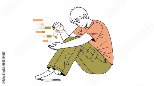 Sad young man sitting down with a depressed posture, illustration style, concept