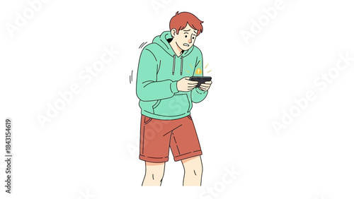 Worried person reacting to mobile phone game or message in cartoon illustration style