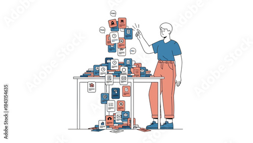 Illustration of a person sorting through a mountain of digital documents and files no commas or