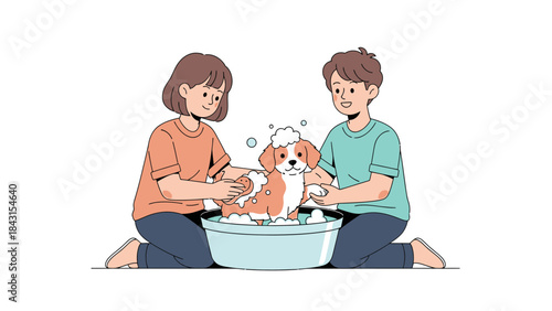 Two people carefully bathing a cute dog with shampoo in a white background