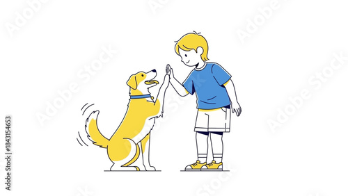 A young boy enjoying a fun interaction by high-fiving his friendly dog on a white background