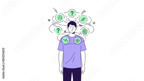 Illustration depicting a person with thoughts, questions, and mental processes active