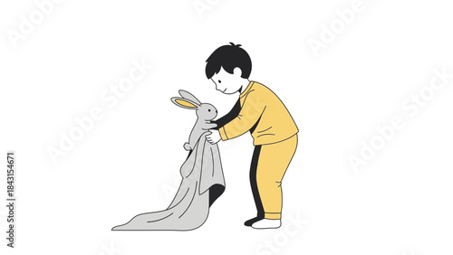 A child cuddling a stuffed rabbit wrapped in a blanket, an illustrated artwork
