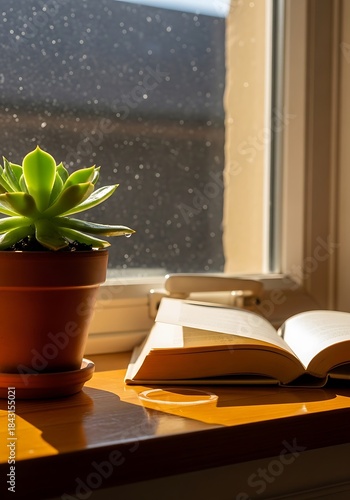 Serene scene of potted succulent and open book on a sunlit windowsill