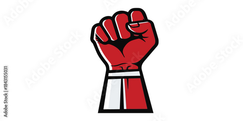 A powerful illustration of a raised fist created with bold outlines and solid color shapes