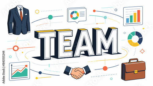 This illustration features the word "TEAM" in bold, decorated with office items (pens, notebooks, briefcase) , symbolizing workplace collaboration, corporate teamwork, and unified professional effort.