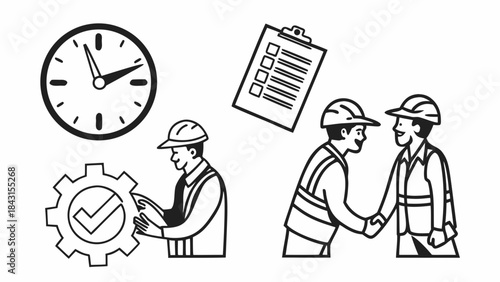 Construction workers collaborating on a project, symbolizing teamwork and efficiency with a clock and checklist.