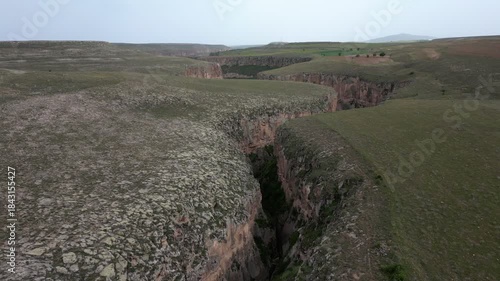 Soganli canyon valley drone aerial view in Cappadocia, Turkey