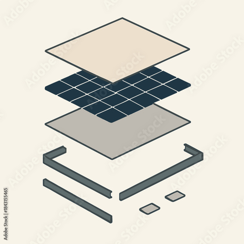Cutaway Exploded Solar Panel Layers with Clean Geometric Structure