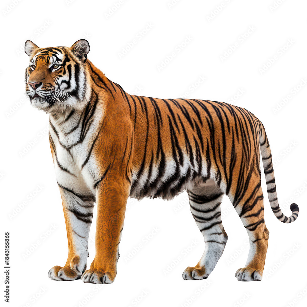 Obraz premium A majestic tiger stands confidently in a white background. its orange and black stripes. symbolizing strength and beauty. ideal for wildlife conservation themes