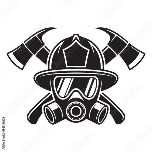 Firefighter Helmet with Gas Mask and Crossed Axes black silhouette