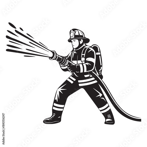a firefighter spraying water from hoses black silhouette.