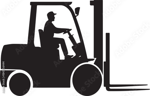 Silhouette of a person wearing a cap driving a black forklift with raised forks on a white background