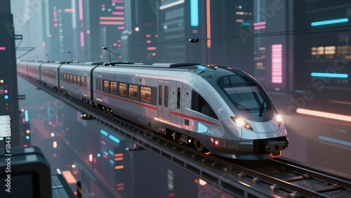 Futuristic high-speed train journey cyberpunk cityscape digital artwork urban environment dynamic perspective innovation