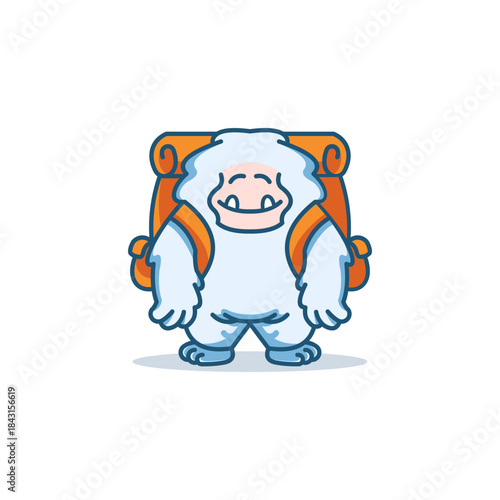 A friendly cartoon yeti character with a big orange backpack, smiling and ready for an adventure.