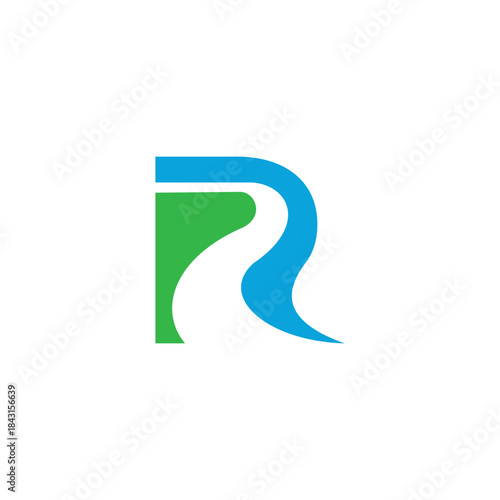 A modern and abstract logo design featuring the letter R, with a green left side and a blue right side incorporating a winding white path or river.