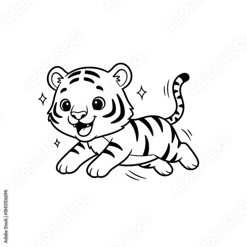 Tiger cartoon coloring book illustration of a cheerful tiger cub running with motion lines and sparkles on a white background, suitable for children's activity sheets.
