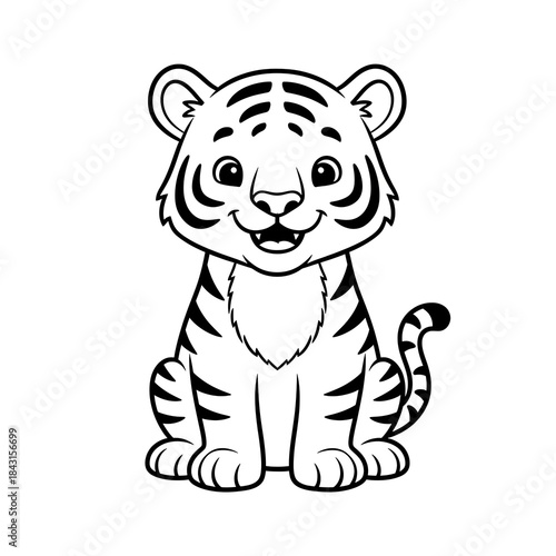 Tiger cartoon coloring book page with a cute white tiger cub wearing a necklace, sitting and looking forward with a cheerful expression, against a clean white background, suitable for kids'