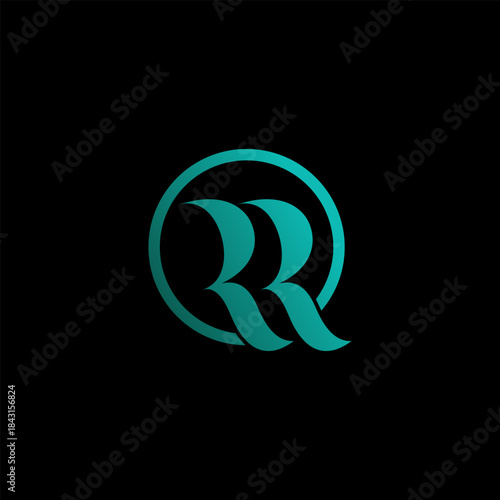 A modern and abstract logo featuring two stylized teal 'R' letters or a 'RR' monogram enclosed within a matching circular outline on a black background.