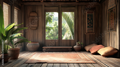 Serene tropical living room with lush green foliage visible through large windows, creating a peaceful ambiance