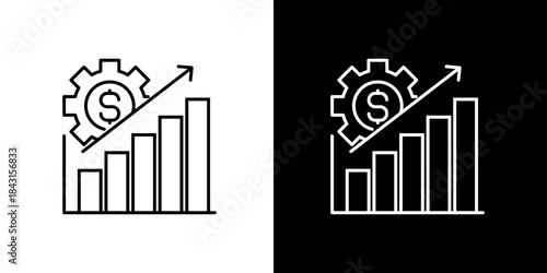 Clean vector icon illustration representing continuous financial growth and operational efficiency, showcasing upward trending bar graphs with a gear and dollar symbol