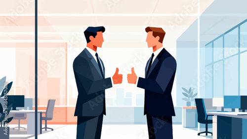 This illustration shows two business professionals exchanging a thumbs-up and smiling in an office, symbolizing workplace approval, positive collaboration, and shared professional success.
