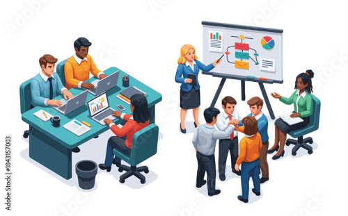 Wallpaper Mural Isometric business and office icons set depicting teamwork, meetings, brainstorming, presentations, and various workplace activities. Torontodigital.ca