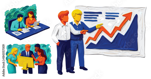 isometric vector illustration on white background, office workers in different situations, teamwork and collaboration