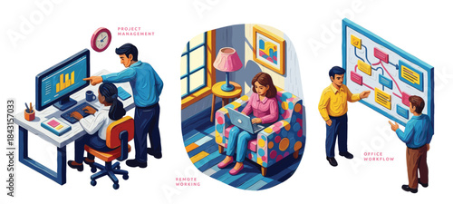 Diverse group of people engaged in social interactions and work activities in a modern isometric office setting