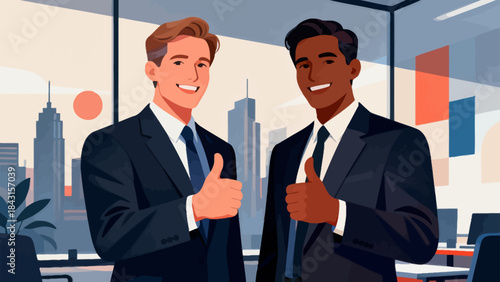 This illustration shows two business professionals exchanging a thumbs-up and smiling in an office, symbolizing workplace approval, positive collaboration, and shared professional success.