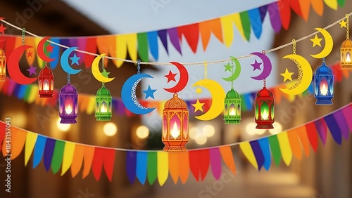 Colorful Ramadan Garland with Crescent Moons and Lanterns - Festive Bunting Decoration Stock Illustration