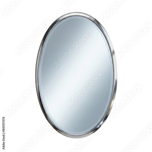 Oval mirror with silver frame isolated on transparent background for interior design, beauty and decor