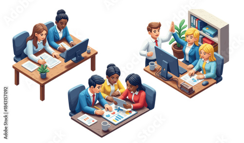 Isometric business and office icons set depicting teamwork, meetings, brainstorming, presentations, and various workplace activities.