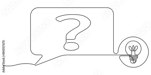 Quick tips. Continuous one line drawing of question mark, light bulb and speech bubbles. Trendy line art vector on a white background. Vector illustration. Hand drawn one line vector. Editable stroke
