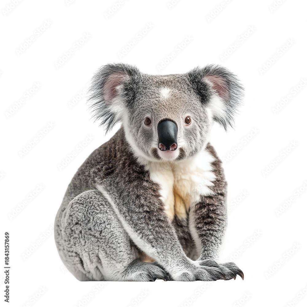 Fototapeta premium A close-up portrait of a koala sitting calmly against a plain background. its distinctive features. perfect for educational materials or wildlife photography