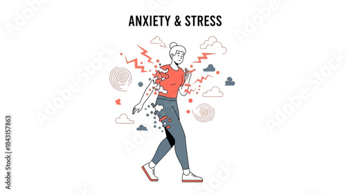 Illustration depicting anxiety and stress with a walking woman concept design image